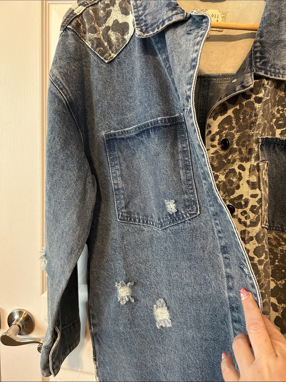 Oli & Hali Oversized Blue Denim Long Jacket with Leopard Panels - Picture 8 of 9